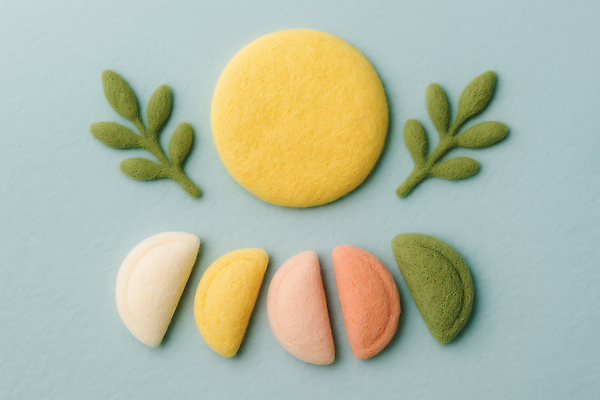 JPG 편집이미지 디자인 음식 컬러 잎 탁자 디저트 장식 태양 과자 추석 주방 원형 배열 그림 파스텔 창의력 펠트 편집실사 AI포토 AI콘텐츠 자연요소 도형 식물 명절 가구 학용품 CG 파일형식 천_직물