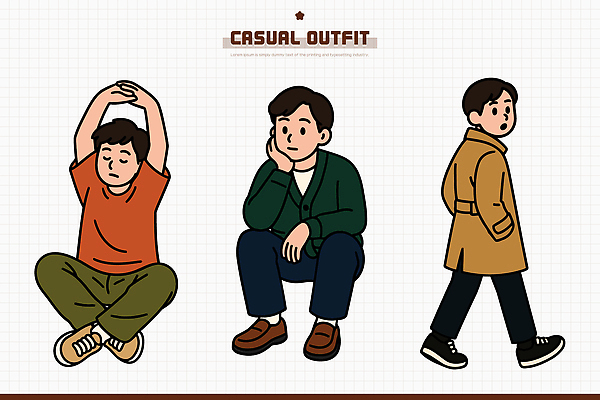 캐릭터 디자인 패션 남자 감정 문화 컬러 포즈 일러스트 캐주얼 유행 표현 그리기 개성 창의력 스타일 국내일러스트 AI파일 옷 모션 사람 파일형식 벡터