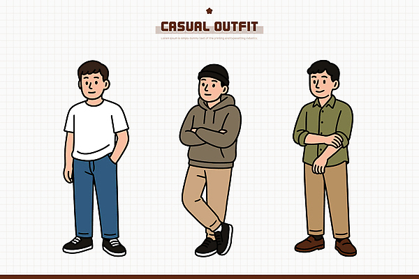 캐릭터 디자인 옷 패션 남자 실루엣 포즈 신발 셔츠 티셔츠 일러스트 표정 미소 여러명 일상 캐주얼 청바지 편안함 후드티셔츠 스타일 국내일러스트 AI파일 다수 상의 바지 촬영기법 사람 라이프 감각 파일형식 벡터