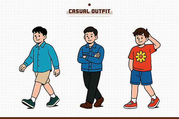 디자인 옷 패션 남자 어린이 컬러 셔츠 티셔츠 일러스트 반바지 모션 청소년 캐주얼 걷기 다양 청바지 스타일 국내일러스트 AI파일 다수 상의 바지 사람 파일형식 벡터