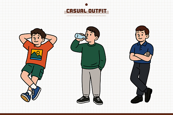 캐릭터 옷 남자 포즈 운동화 티셔츠 일러스트 바지 모션 일상 그래픽 캐주얼 친구 환경 다양 편안함 모던 착용 청량음료 스타일 국내일러스트 AI파일 음료 다수 신발 셔츠 관계 하의 사람 라이프 감각 파일형식 벡터