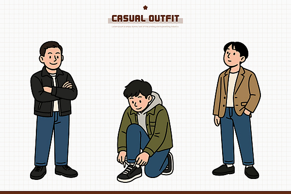 캐릭터 디자인 옷 패션 남자 신발 일러스트 일상 그래픽 캐주얼 외투 청바지 조끼 편안함 조화 룩 스타일 국내일러스트 AI파일 상의 바지 사람 라이프 감각 파일형식 벡터