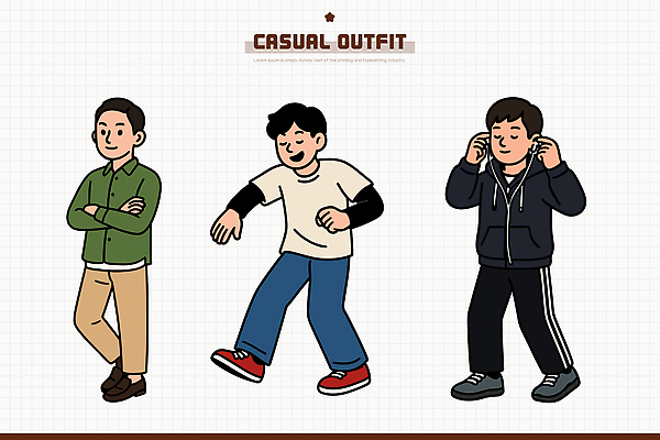 디자인 옷 패션 남자 컬러 포즈 일러스트 캐주얼 세명 유행 다양 표현 편안함 남성복 오브젝트 그림 스타일 국내일러스트 AI파일 다수 사람 감각 파일형식 벡터