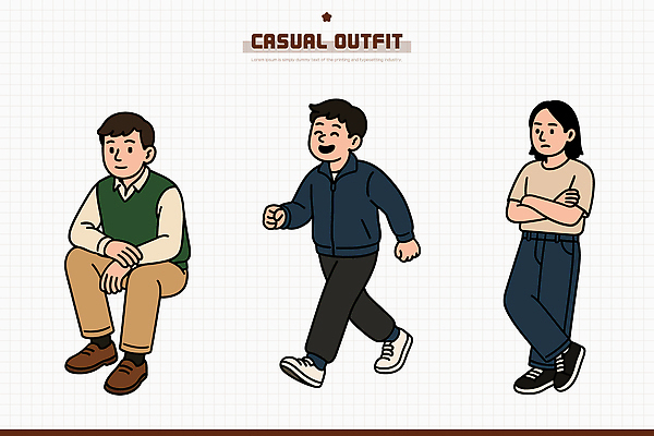 캐릭터 옷 여자 패션 남자 감정 일러스트 모션 앉기 일상 캐주얼 걷기 팔짱 다양 표현 그림 스타일 국내일러스트 AI파일 다수 사람 라이프 파일형식 벡터