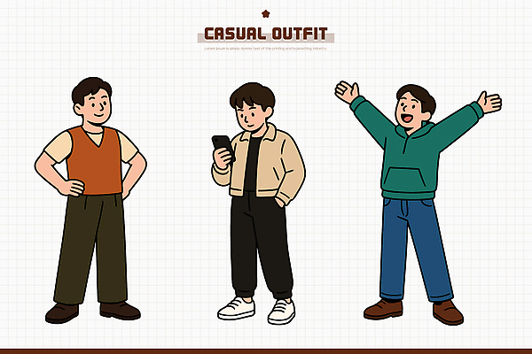 캐릭터 디자인 옷 패션 남자 여유 포즈 일러스트 모션 일상 그래픽 캐주얼 친구 유행 표현 그림 스타일 국내일러스트 AI파일 감정 관계 사람 라이프 파일형식 벡터