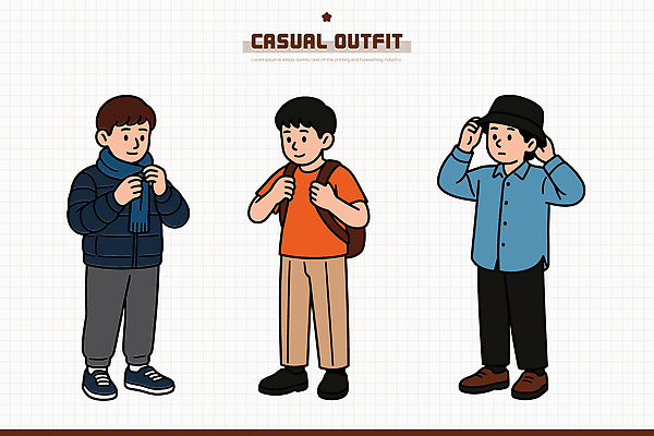 옷 패션 남자 컬러 포즈 백그라운드 일러스트 청소년 놀이 소년 캐주얼 친구 유행 편안함 그림 일과 스타일 세련 국내일러스트 AI파일 어린이 관계 사람 감각 파일형식 벡터