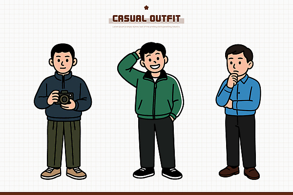 캐릭터 디자인 옷 남자 포즈 생각 일러스트 표정 웃음 풍경 일상 앞모습 캐주얼 카메라 재킷 표현 배지 스타일 국내일러스트 AI파일 뷰포인트 사람 라이프 전자제품 외투 파일형식 벡터