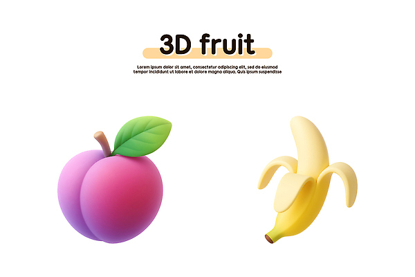 PSD 편집이미지 디자인 예술 과일 바나나 그래픽 3D 모형 표현 모던 복숭아 색감 생동감 디테일 이미지편집 디지털합성 파일형식