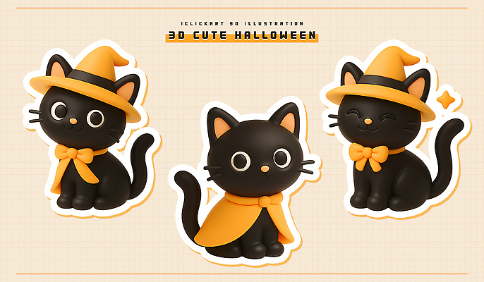 PSD 편집이미지 캐릭터 모자 디자인 표정 장식 3D 귀여움 검은색 축제 고양이 할로윈 망토 마법 편집3D 잡화 컬러 컨셉 포유류 반려동물 디지털합성 파일형식