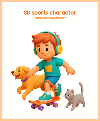 PSD 편집이미지 캐릭터 어린이 스포츠 모션 놀이 친구 반려동물 소풍 3D 헤드폰 고양이 스케이트보드 강아지 즐거움 편집3D 동물 감정 음향기기 포유류 관계 사람 야외활동 보드_스포츠 개 디지털합성 파일형식