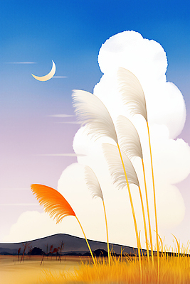 JPG 구름 예술 컬러 일러스트 자연 하늘 바람 갈대 풍경 초원 파란색 햇빛 평화 일몰 원형 조화 동시 풍경화 국내일러스트 AI일러스트 AI콘텐츠 자연요소 도형 식물 컨셉 날씨 태양 노을 그림 생태계 파일형식