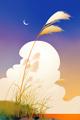 JPG 식물 구름 일러스트 자연 하늘 바람 갈대 풍경 평화 일몰 달 저녁 조용 조화 뷰티풀 색감 테마 국내일러스트 AI일러스트 AI콘텐츠 자연요소 컨셉 날씨 노을 야간 생태계 파일형식