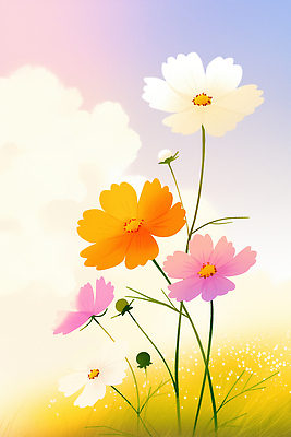 JPG 식물 계절 꽃 감정 컬러 꽃밭 일러스트 자연 하늘 생명 바람 풍경 초원 여름 정원 코스모스 감성 뷰티풀 오후 국내일러스트 AI일러스트 AI콘텐츠 자연요소 컨셉 날씨 생태계 파일형식