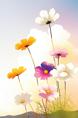 JPG 식물 공원 꽃 컬러 꽃밭 일러스트 자연 하늘 생명 아침 풍경 햇빛 노란색 보라색 흰색 생태계 화사함 뷰티풀 국내일러스트 AI일러스트 AI콘텐츠 주간 공공시설 컨셉 태양 파일형식