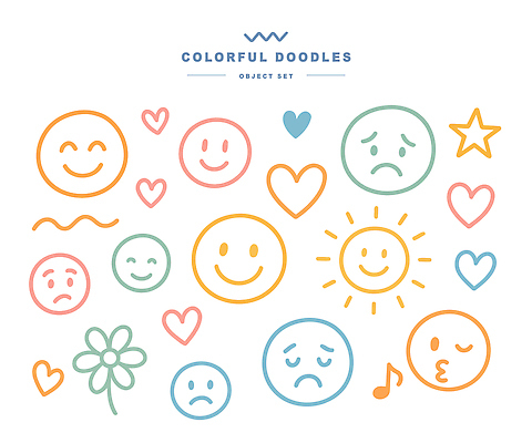 디자인 꽃 감정 별 예술 음악 컬러 일러스트 웃음 장식 세트 기쁨 슬픔 하트 표현 낙서 즐거움 그림 창의성 국내일러스트 AI파일 자연요소 모양 식물 문화예술 표정 파일형식 벡터