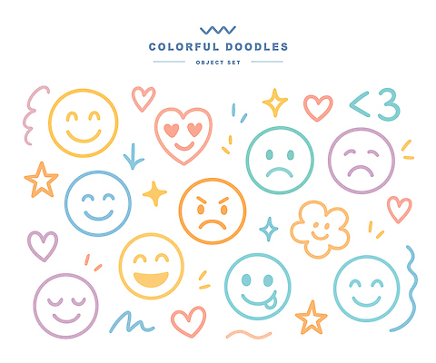 캐릭터 기호 디자인 행복 감정 컬러 일러스트 도안 표정 사랑 웃음 장식 슬픔 분노 그림 손그림 이모티콘 창의성 알록달록 국내일러스트 AI파일 문자 컬러풀 파일형식 벡터