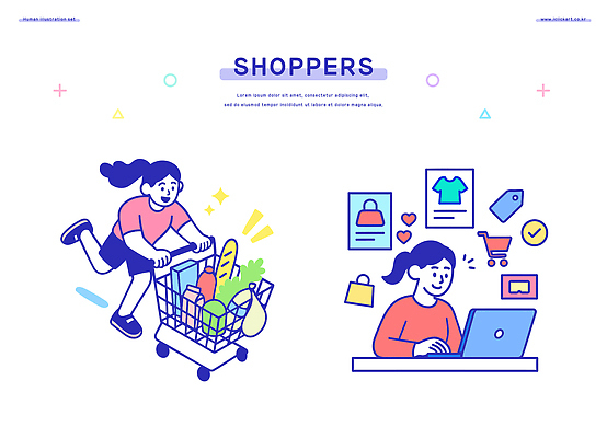 캐릭터 여자 패션 음식 생활용품 일러스트 일상 생활 쇼핑 장보기 컴퓨터 장난감 시간 시장 소비 구매 상품 장바구니 온라인쇼핑 편리함 슈퍼마켓 국내일러스트 AI파일 컨셉 사람 라이프 전자제품 바구니 상점 오브젝트 온라인 파일형식 벡터