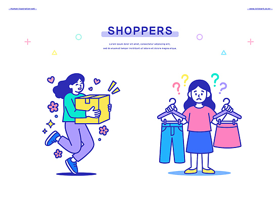 옷 여자 패션 행복 일러스트 모션 일상 쇼핑 상자 기쁨 비교 선택 소비 구매 고객 고민 스타일 국내일러스트 AI파일 감정 컨셉 사람 라이프 파일형식 벡터