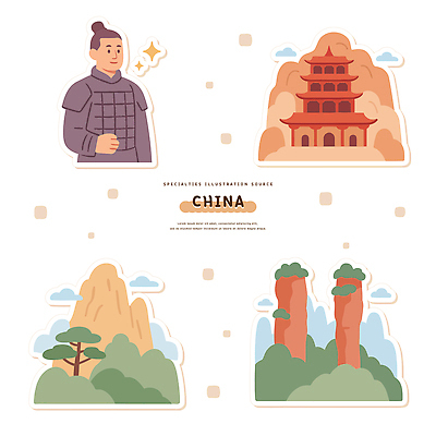 나무 구름 캐릭터 전통 건축 문화 예술 여행 일러스트 자연 산 풍경 중국 보자기 장면 채색 무사 국내일러스트 유산 AI파일 자연요소 식물 아시아 미술 임신 생태계 파일형식 벡터 천_직물