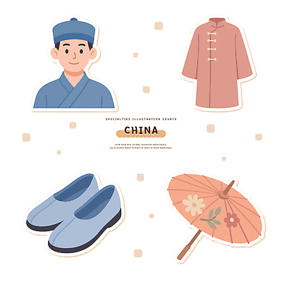 전통 디자인 옷 패션 남자 문화 예술 상징 컬러 신발 일러스트 우산 장식 중국 전통의상 복식 뷰티풀 특징 스타일 국내일러스트 AI파일 아시아 사람 파일형식 벡터