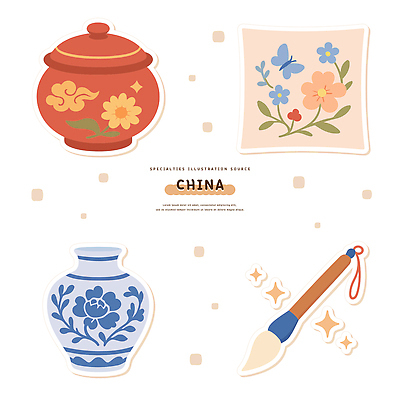 전통 디자인 문화 예술 컬러 하늘색 꽃무늬 일러스트 장식 빨간색 중국 붓 빈티지 항아리 도자기 오브젝트 뷰티풀 국내일러스트 AI파일 꽃 아시아 컨셉 무늬 파란색 파일형식 벡터