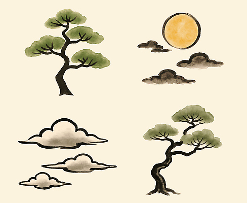 PSD 나무 식물 구름 편집이미지 디자인 예술 자연 수채화 풍경 태양 추석 일출 스크린 그림 조화 뷰티풀 색감 이미지편집 자연요소 명절 노을 생태계 파일형식