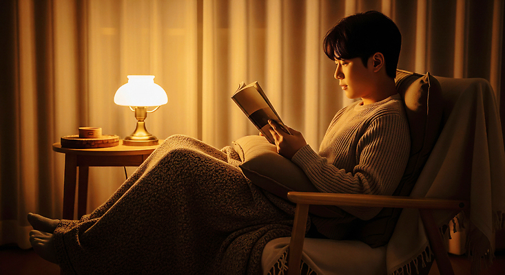 JPG 편집이미지 의자 조명 사람 책 독서 고요 방 편안함 담요 오후 의료성형뷰티 안락 편집실사 AI인물포토 AI콘텐츠 가구 컨셉 감각 CG 파일형식 AI포토