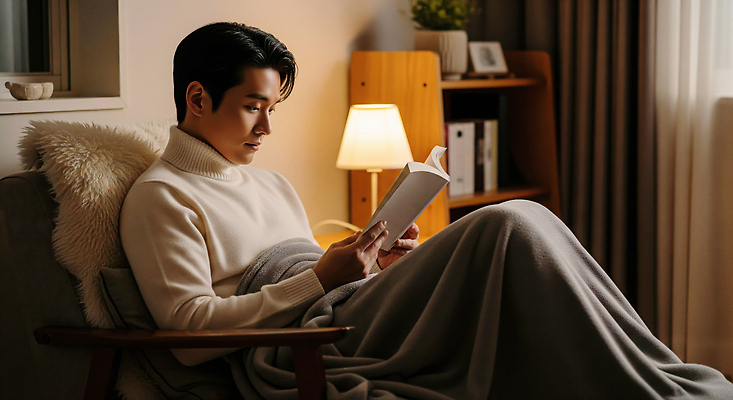 JPG 편집이미지 남자 휴식 조명 실내 책 소파 독서 저녁 편안함 담요 집중 읽기 의료성형뷰티 안락 차분 편집실사 AI인물포토 AI콘텐츠 컨셉 의자 모션 사람 내부 감각 야간 CG 파일형식 AI포토