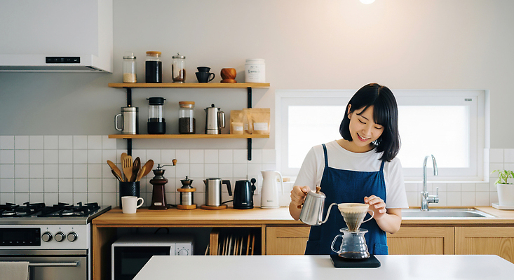 JPG 편집이미지 여자 커피 음료 아침 일상 평화 주방 식사 도구 시간 맛 집중 향기 의료성형뷰티 편집실사 AI인물포토 AI콘텐츠 주간 컨셉 사람 라이프 CG 냄새 파일형식 AI포토
