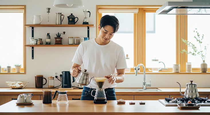 JPG 편집이미지 남자 커피 음료 백그라운드 가족 아침 일상 생활 주방 커피메이커 집중 모던 의료성형뷰티 차분 편집실사 AI인물포토 AI콘텐츠 주간 컨셉 관계 사람 라이프 CG 커피용품 파일형식 AI포토