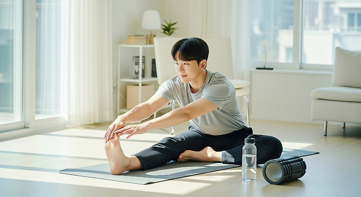 JPG 편집이미지 남자 거실 요가 휴식 주택 건강 일상 청춘 운동 햇빛 스트레칭 필라테스 의료성형뷰티 편집실사 AI인물포토 AI콘텐츠 웰빙 컨셉 사람 건물 라이프 태양 CG 파일형식 AI포토