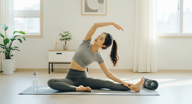 JPG 편집이미지 여자 요가 모션 아침 건강 운동 햇빛 헬스 스트레칭 공간 매트 집중 의료성형뷰티 홈트레이닝 편집실사 AI인물포토 AI콘텐츠 주간 웰빙 컨셉 사람 태양 CG 파일형식 AI포토