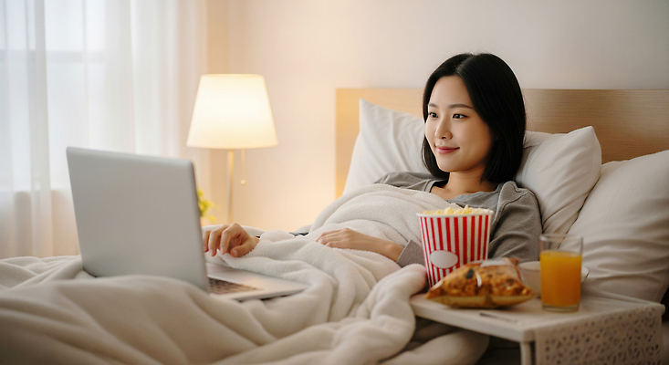 JPG 편집이미지 여자 휴식 디저트 조명 취미 컴퓨터 소파 이불 방 침대 편안함 영화 즐거움 팝콘 의료성형뷰티 편집실사 AI인물포토 AI콘텐츠 감정 음식 가구 컨셉 의자 침구 문화예술 사람 전자제품 감각 CG 파일형식 AI포토