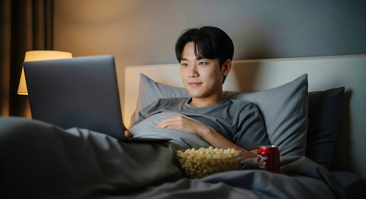 JPG 편집이미지 남자 음료 휴식 주택 취미 노트북 감상 방 침대 밤 편안함 영화 즐거움 팝콘 드라마 의료성형뷰티 편집실사 AI인물포토 AI콘텐츠 감정 가구 컨셉 문화예술 사람 건물 전자제품 견과류 감각 CG 파일형식 AI포토