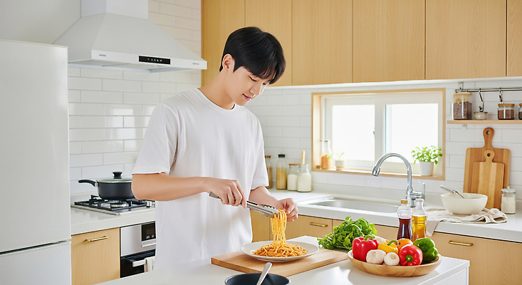 JPG 편집이미지 라이프스타일 접시 남자 음식 채소 재료 주방용품 파스타 요리 주방 청결 샐러드 신선 요리중 의료성형뷰티 편집실사 AI인물포토 AI콘텐츠 식기 생활용품 모션 서양음식 사람 생활 위생 CG 파일형식 AI포토