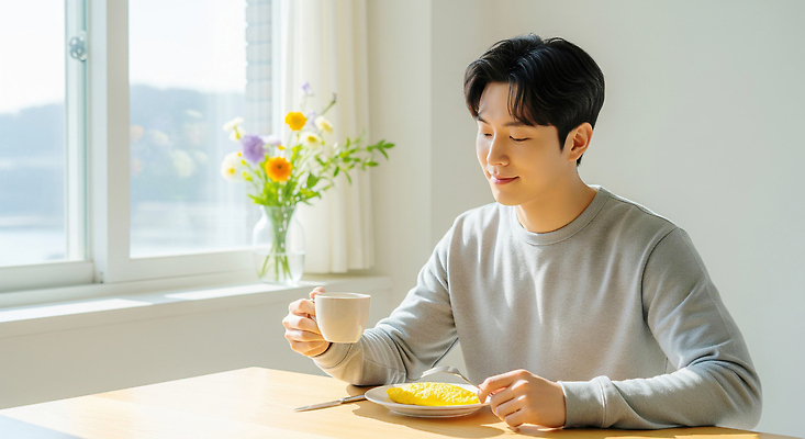 JPG 식물 편집이미지 남자 꽃 창 커피 탁자 아침 밝음 요리 미소 일상 햇빛 식사 카펫 즐거움 의료성형뷰티 편집실사 AI인물포토 AI콘텐츠 주간 감정 무기 음료 가구 표정 사람 라이프 태양 CG 파일형식 AI포토