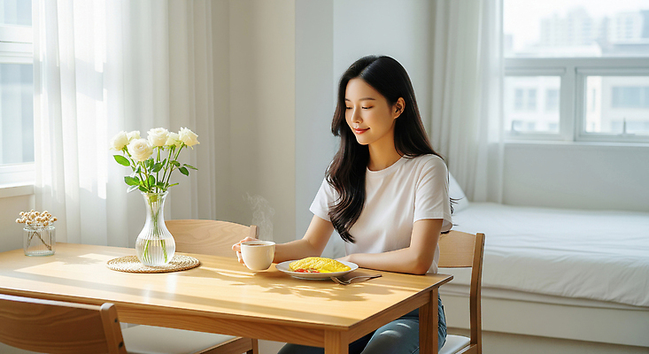 JPG 편집이미지 여자 꽃 음식 거실 탁자 밝음 일상 햇빛 평화 주방 차 아침식사 조용 단독주택 의료성형뷰티 편집실사 AI인물포토 AI콘텐츠 식물 음료 가구 컨셉 주택 사람 라이프 태양 식사 CG 파일형식 AI포토
