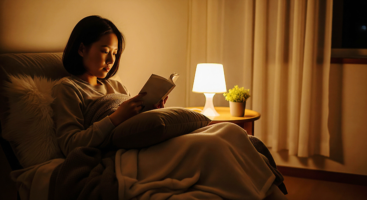 JPG 편집이미지 여자 휴식 조명 따뜻함 책 여름 소파 독서 고요 방 분위기 밤 편안함 담요 조용 의료성형뷰티 편집실사 AI인물포토 AI콘텐츠 계절 컨셉 의자 사람 견과류 감각 CG 파일형식 AI포토