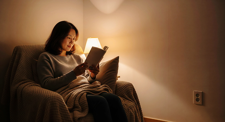 JPG 편집이미지 여자 휴식 조명 책 소파 독서 공간 방 시간 저녁 편안함 담요 집중 읽기 의료성형뷰티 편집실사 AI인물포토 AI콘텐츠 컨셉 의자 모션 사람 감각 야간 CG 파일형식 AI포토