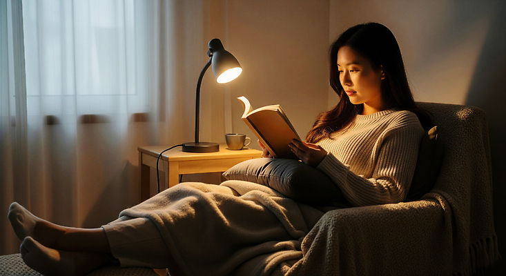 JPG 편집이미지 손 여자 휴식 조명 책 소파 독서 평화 공간 시간 저녁 편안함 담요 집중 조용 의료성형뷰티 편집실사 AI인물포토 AI콘텐츠 컨셉 의자 사람 신체부위 감각 야간 CG 파일형식 AI포토