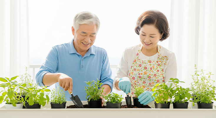 JPG 식물 편집이미지 여자 남자 행복 화분 자연 실내 대화 웃음 노후 햇빛 정원 원예 분갈이 의료성형뷰티 편집실사 AI인물포토 AI콘텐츠 감정 표정 말하기 사람 취미 내부 태양 CG 생태계 파일형식 AI포토