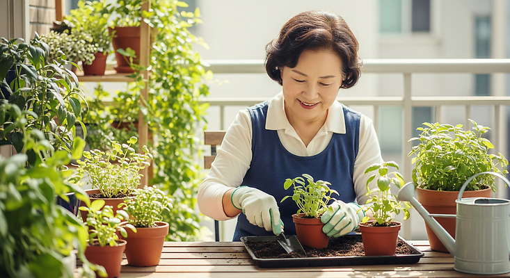 JPG 식물 편집이미지 꽃 행복 화분 화초 자연 일상 노후 햇빛 정원 발코니 도시 허브 원예 가꾸기 의료성형뷰티 편집실사 AI인물포토 AI콘텐츠 감정 취미 라이프 태양 CG 생태계 파일형식 AI포토