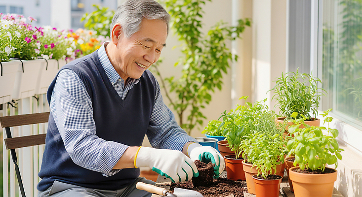 JPG 식물 편집이미지 할아버지 노년 화분 채소 자연 사랑 일상 노후 햇빛 정원 흙 발코니 허브 가꾸기 심기 의료성형뷰티 편집실사 AI인물포토 AI콘텐츠 남자 감정 모션 성인 라이프 태양 CG 생태계 파일형식 AI포토