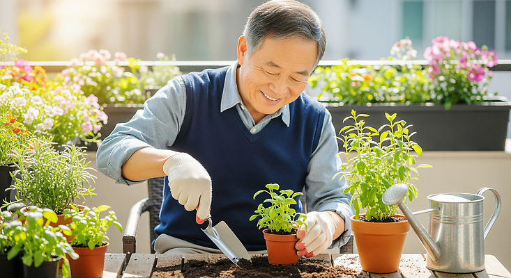 JPG 식물 편집이미지 노년 꽃 행복 화분 화초 자연 미소 노후 햇빛 정원 발코니 신선 허브 원예 손질 의료성형뷰티 편집실사 AI인물포토 AI콘텐츠 감정 표정 성인 취미 태양 CG 생태계 파일형식 AI포토