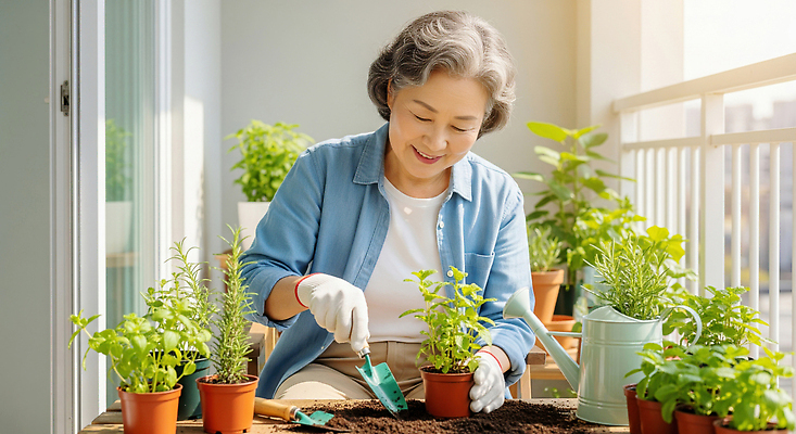 JPG 식물 편집이미지 노년 행복 자연 여름 노후 햇빛 정원 농사 흙 발코니 허브 원예 식물심기 의료성형뷰티 편집실사 AI인물포토 AI콘텐츠 계절 감정 농업 성인 취미 태양 CG 생태계 심기 파일형식 AI포토