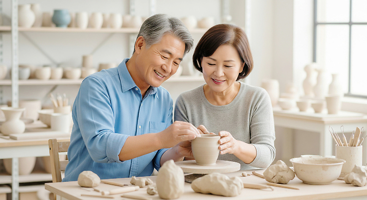 JPG 편집이미지 행복 예술 미소 웃음 노후 노부부 표현 작업 체험 도자기 작업실 공예 만들기 점토 창작 의료성형뷰티 편집실사 AI인물포토 AI콘텐츠 부부 감정 컨셉 모션 표정 취미 CG 파일형식 AI포토
