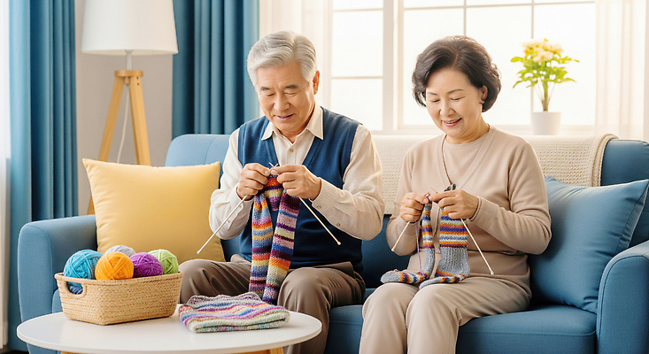JPG 편집이미지 행복 여유 컬러 거실 남편 양말 실내 대화 취미 노후 소파 노부부 아내 뜨개질 털실 의료성형뷰티 편집실사 AI인물포토 AI콘텐츠 부부 감정 의자 말하기 내부 실 CG 파일형식 AI포토