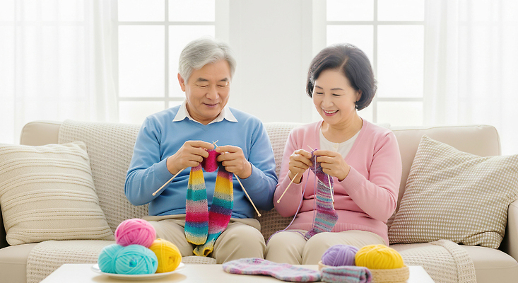 JPG 편집이미지 거실 가족 실내 따뜻함 대화 사랑 취미 일상 생활 노후 노부부 만남 털실 편안함 의료성형뷰티 편집실사 AI인물포토 AI콘텐츠 부부 감정 컨셉 관계 말하기 내부 라이프 감각 실 CG 파일형식 AI포토