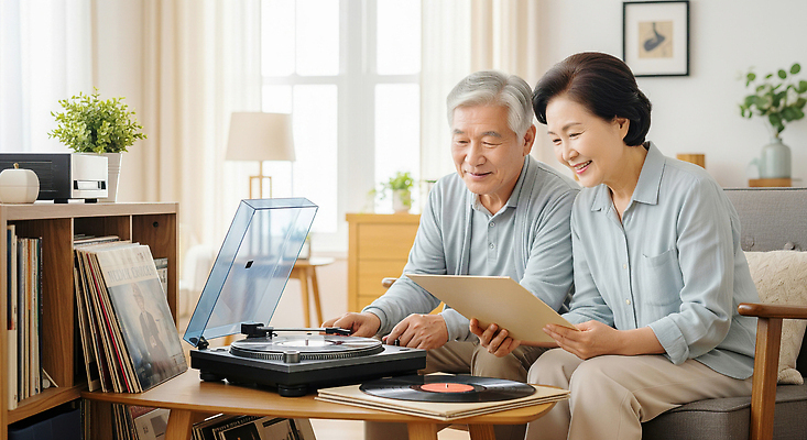 JPG 편집이미지 부부 행복 음악 거실 함께함 대화 웃음 노후 감상 편안함 앨범 연령 재즈 레코드플레이어 오후 의료성형뷰티 편집실사 AI인물포토 AI콘텐츠 커플 감정 컨셉 문화예술 표정 말하기 감각 CG 파일형식 AI포토