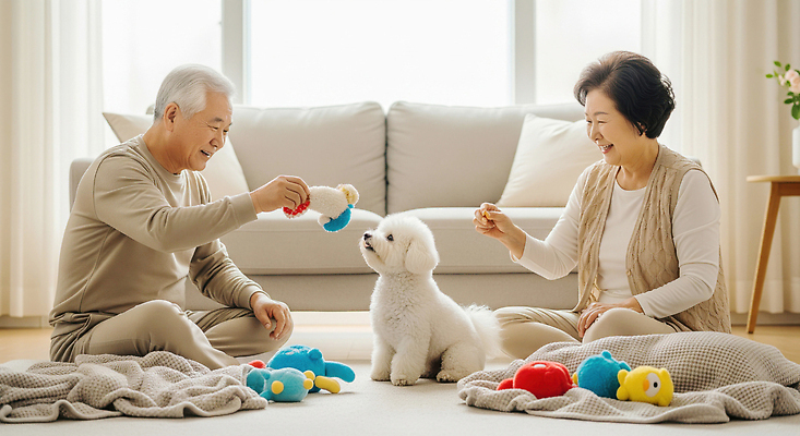 JPG 편집이미지 부부 노년 행복 거실 가족 놀이 실내 따뜻함 사랑 생활 노후 반려동물 장난감 강아지 즐거움 의료성형뷰티 편집실사 AI인물포토 AI콘텐츠 동물 커플 감정 관계 성인 내부 개 CG 파일형식 AI포토